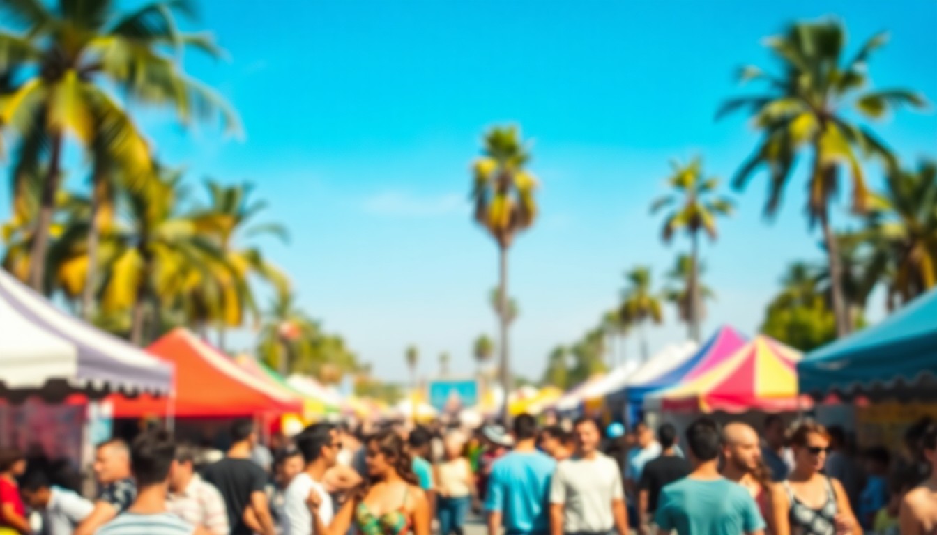 An abstract, out-of-focus photograph depicting the lively atmosphere of an outdoor festival, with blurred crowds, colorful tents, and a hazy background of palm trees and a clear blue sky, conveying a sense of warmth, energy, and community.
