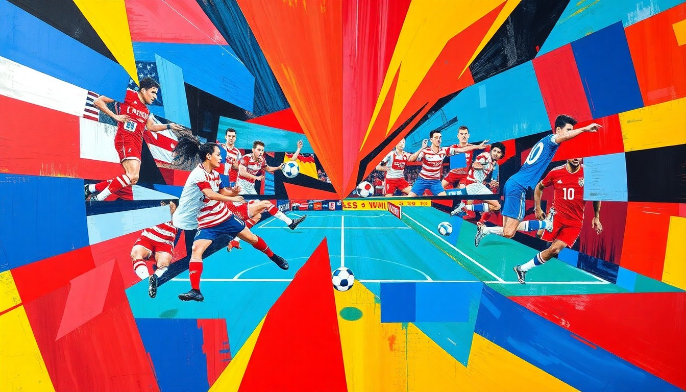 A cubist, geometric painting depicting overlapping, fragmented views of a soccer match, using bold colors to capture the energy and intensity of the sport.