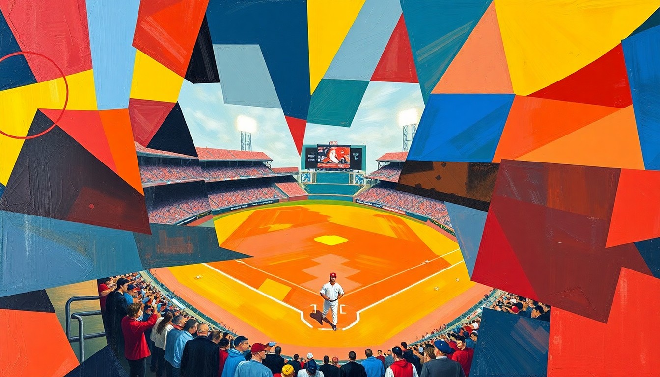 A cubist, geometric painting depicting a baseball game in motion, with players and the field broken down into overlapping planes of vibrant colors, capturing the dynamic energy of the sport.