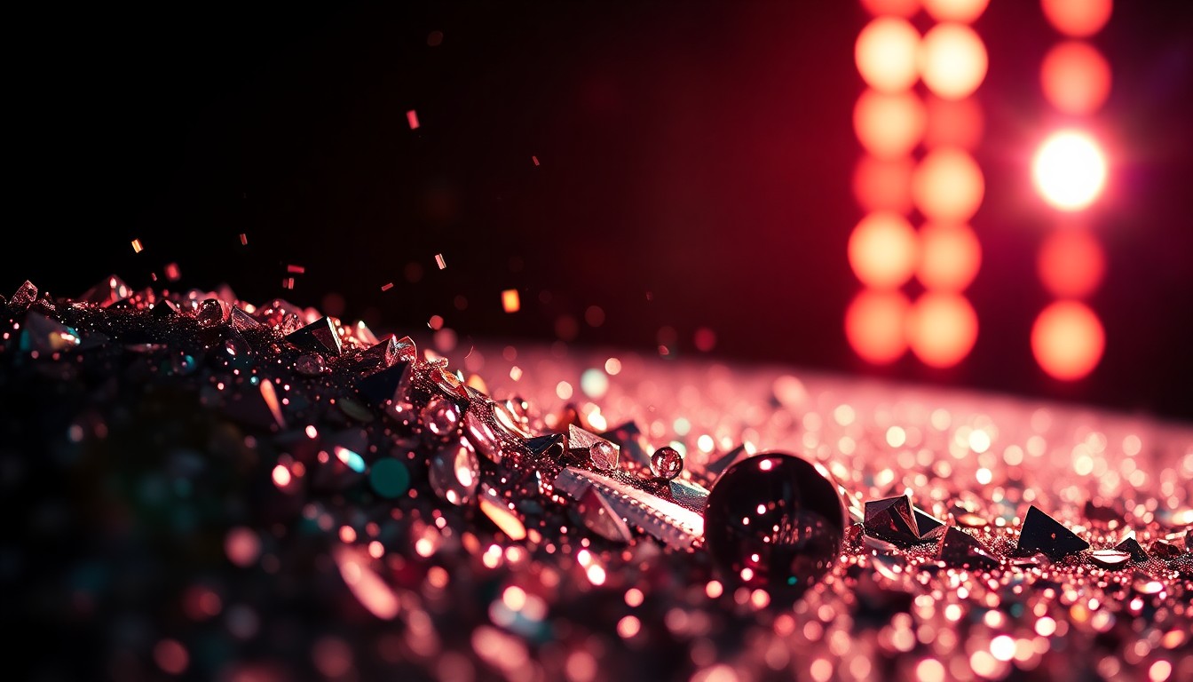 An abstract close-up photograph featuring a dramatic, high-contrast composition of glittering sequins and shattered glass, conceptually representing the glamour and energy of a country music performance.