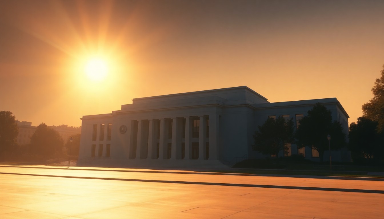 A photorealistic painting of the exterior of the Obama Presidential Center in Chicago, with the building bathed in warm, golden light and deep shadows. The structure appears imposing and monumental, evoking a sense of solemnity and contemplation.