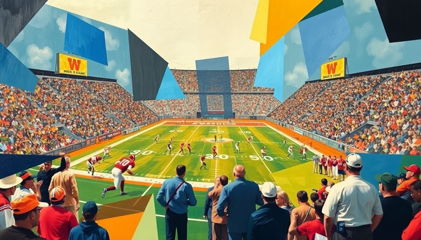 A cubist-style painting featuring overlapping geometric shapes and planes, representing the multifaceted relationships within a college football program.