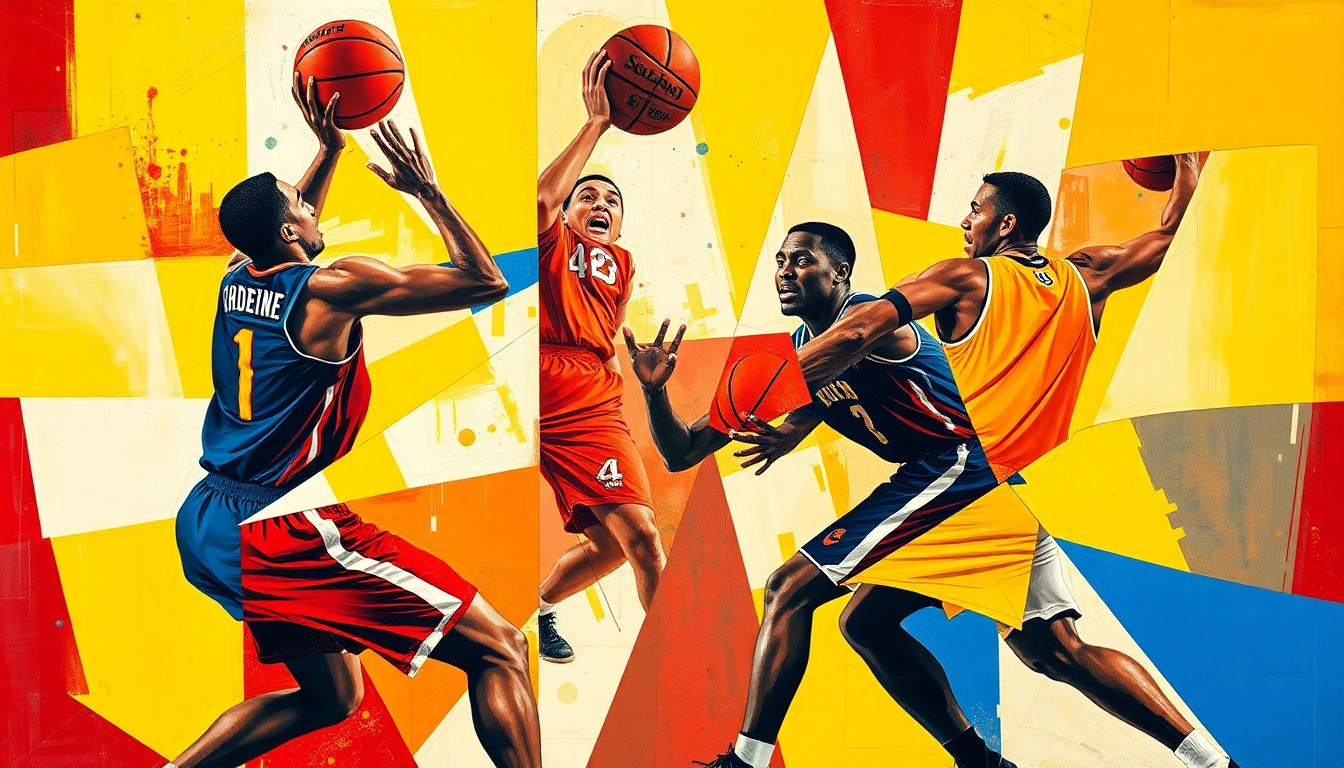 A fragmented, cubist-style painting depicting the abstract forms of college basketball players in motion, rendered in bold primary colors that capture the dynamic energy of the sport.