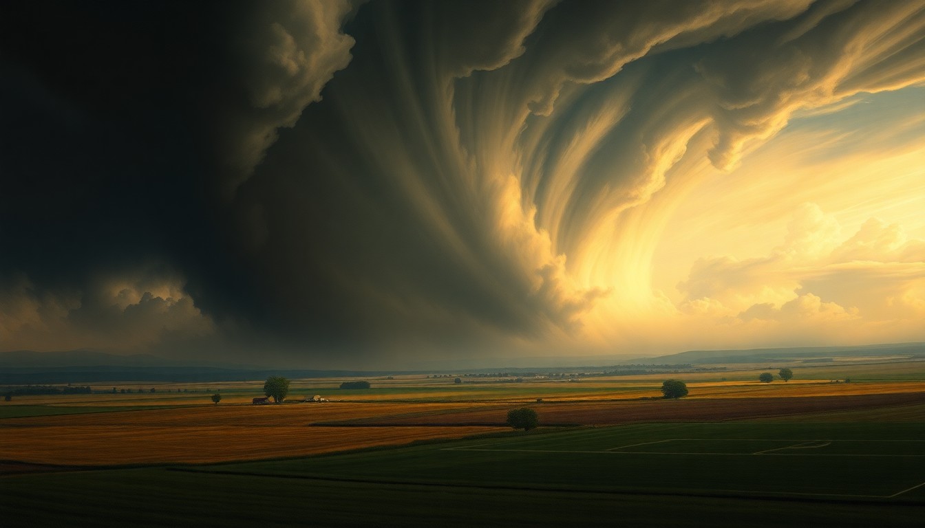 A sweeping, atmospheric landscape painting depicting a massive tornado dominating the horizon, with the small, obscured forms of soccer fields and facilities dwarfed by the overwhelming power of the natural disaster.
