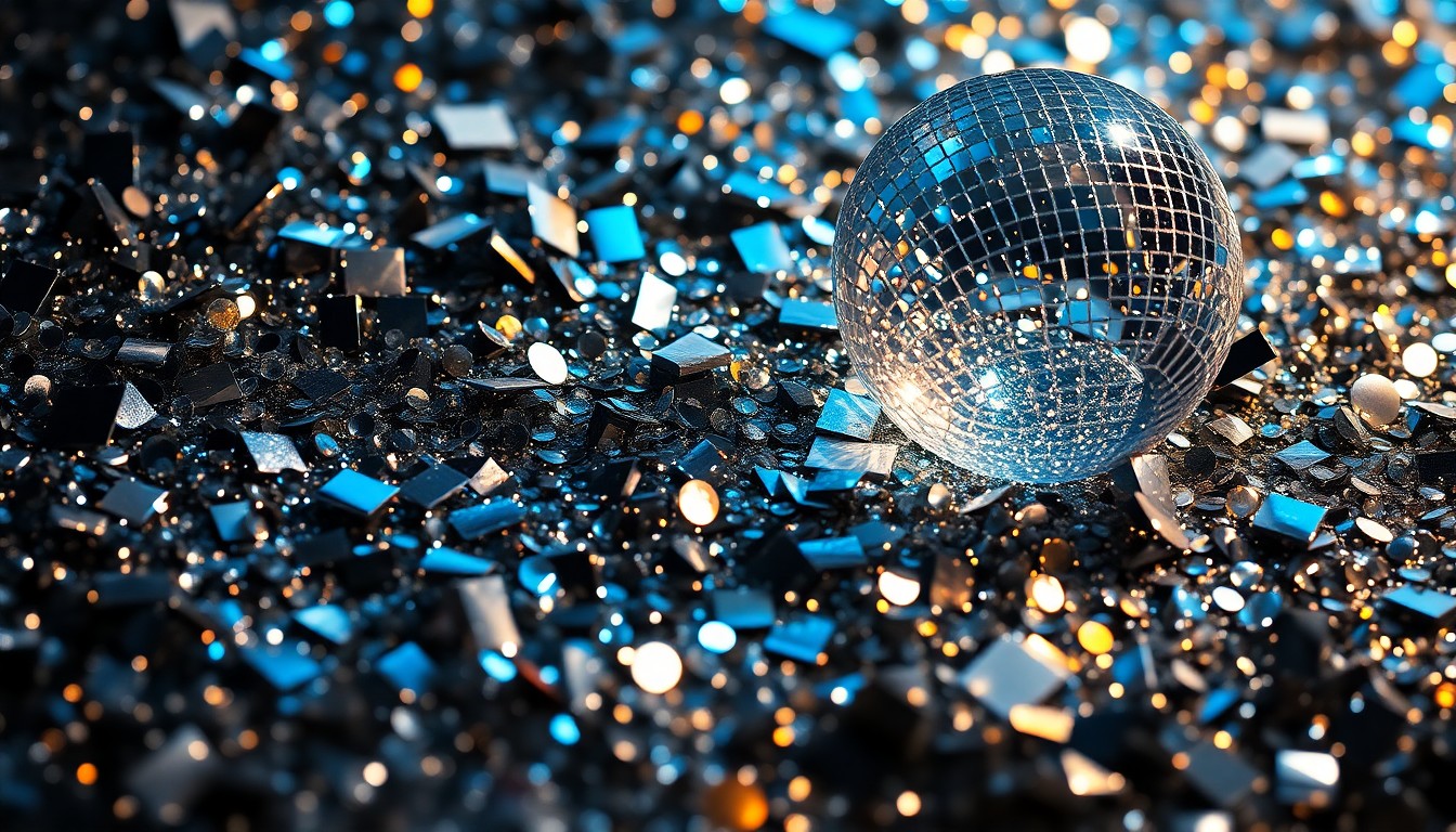 An abstract close-up photograph of shimmering sequins and shattered glass, captured in dramatic high-contrast lighting to evoke the glamour and grit of the Nashville music industry.