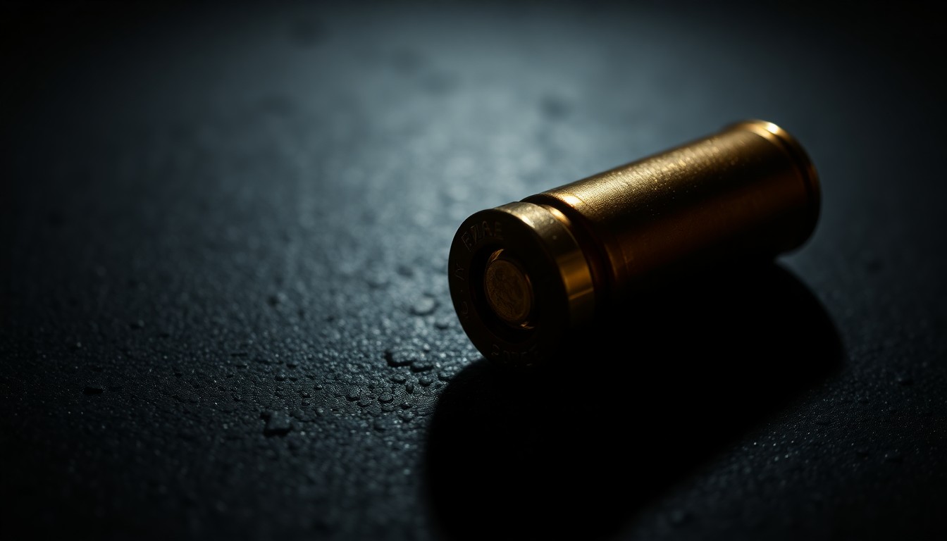 An extreme close-up photograph of a spent bullet casing on a dark, textured surface, lit by a harsh, direct camera flash, conceptually representing the forensic investigation of a homicide.
