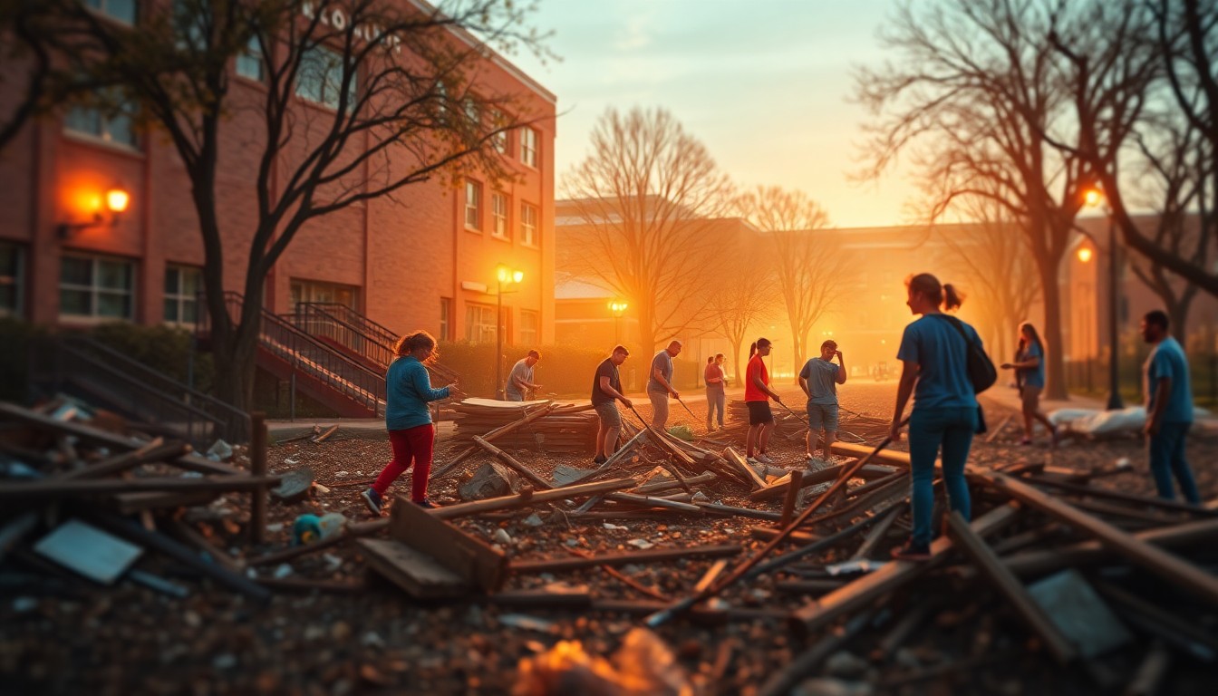 An abstract, out-of-focus photograph depicting blurred figures working together to clear debris, with warm, hazy pools of light and color creating a sense of community and shared purpose.
