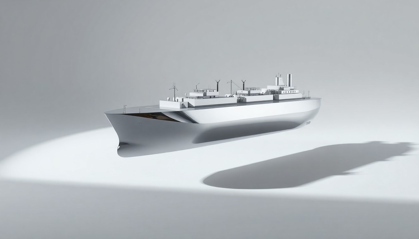 A highly polished, geometric metal sculpture representing an LNG tanker or pipeline, floating on a clean, monochromatic background and dramatically lit to symbolize the abstract concepts of global energy markets and the transition to cleaner fuels.