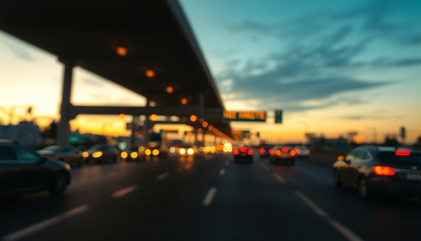 An abstract, impressionistic photograph of a busy highway intersection at dusk, with soft, blurred pools of warm yellow and orange light reflecting off the wet pavement, conceptually representing the community engagement process for the Highway 96 Corridor Study.