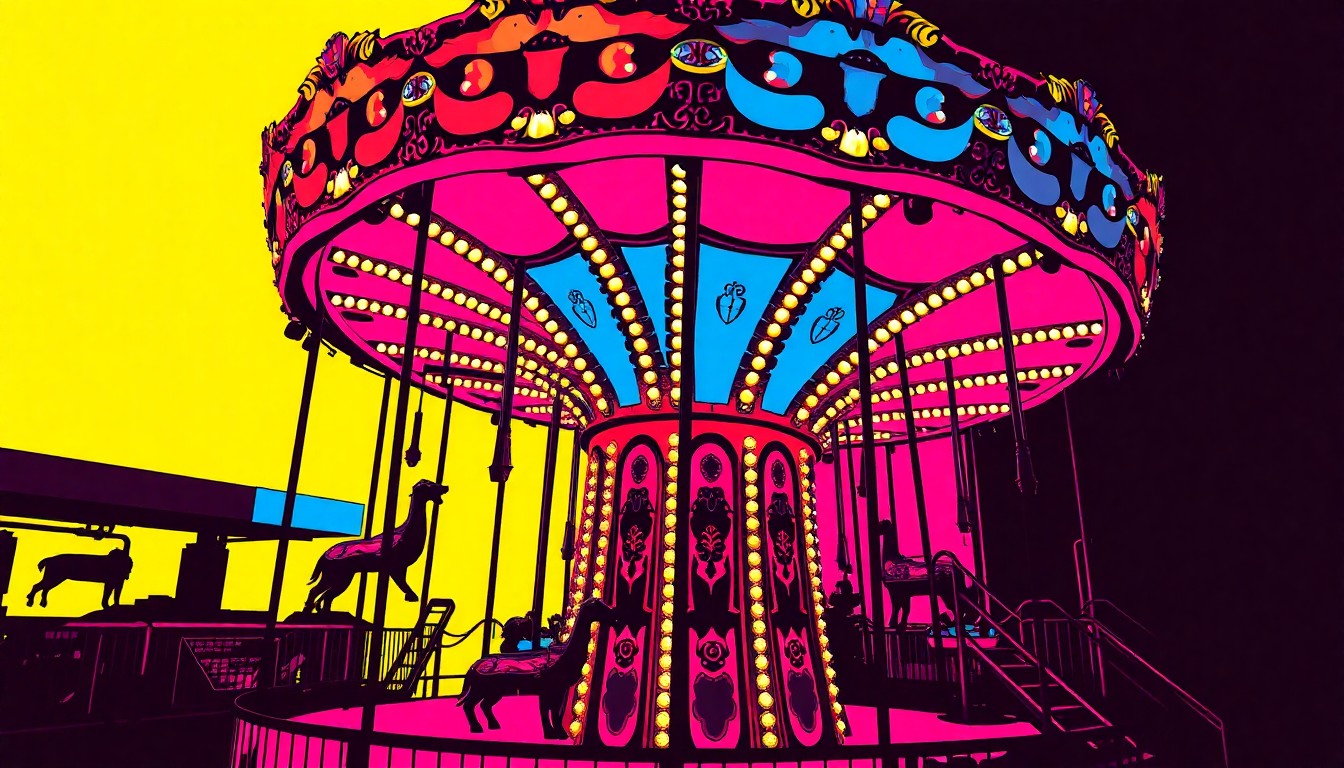 A brightly colored, high-contrast silkscreen print of a classic carnival Ferris wheel, repeated in a tight grid pattern in bold neon shades of pink, blue, and yellow, conceptually representing the energy and festive spirit of the Buc Days celebration.