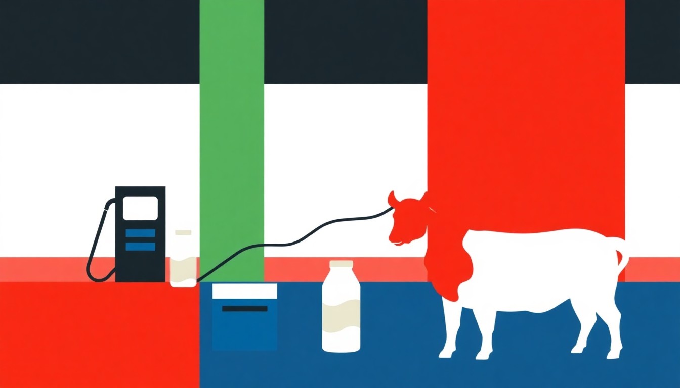 A geometric abstract illustration using bold shapes and primary colors to conceptually represent changes in the prices of gasoline, milk, and beef over time, without depicting any literal objects or people.