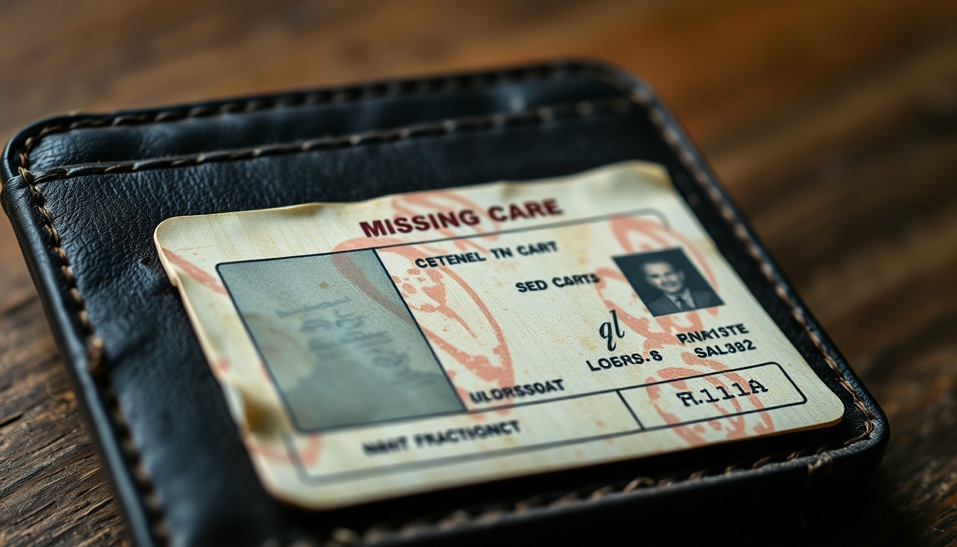 An extreme close-up photograph of a worn, tattered wallet with a faded ID card, conceptually representing the personal belongings of a missing person.