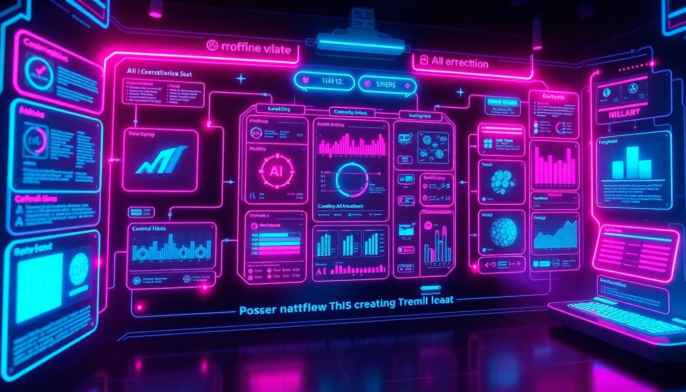 A highly detailed, glowing 3D illustration of a futuristic, AI-powered creative workflow interface, with neon cyan and magenta lights illuminating various interconnected modules and data visualizations. The interface feels both tangible and digital, representing the seamless integration of custom-built AI technology into the creative production process.