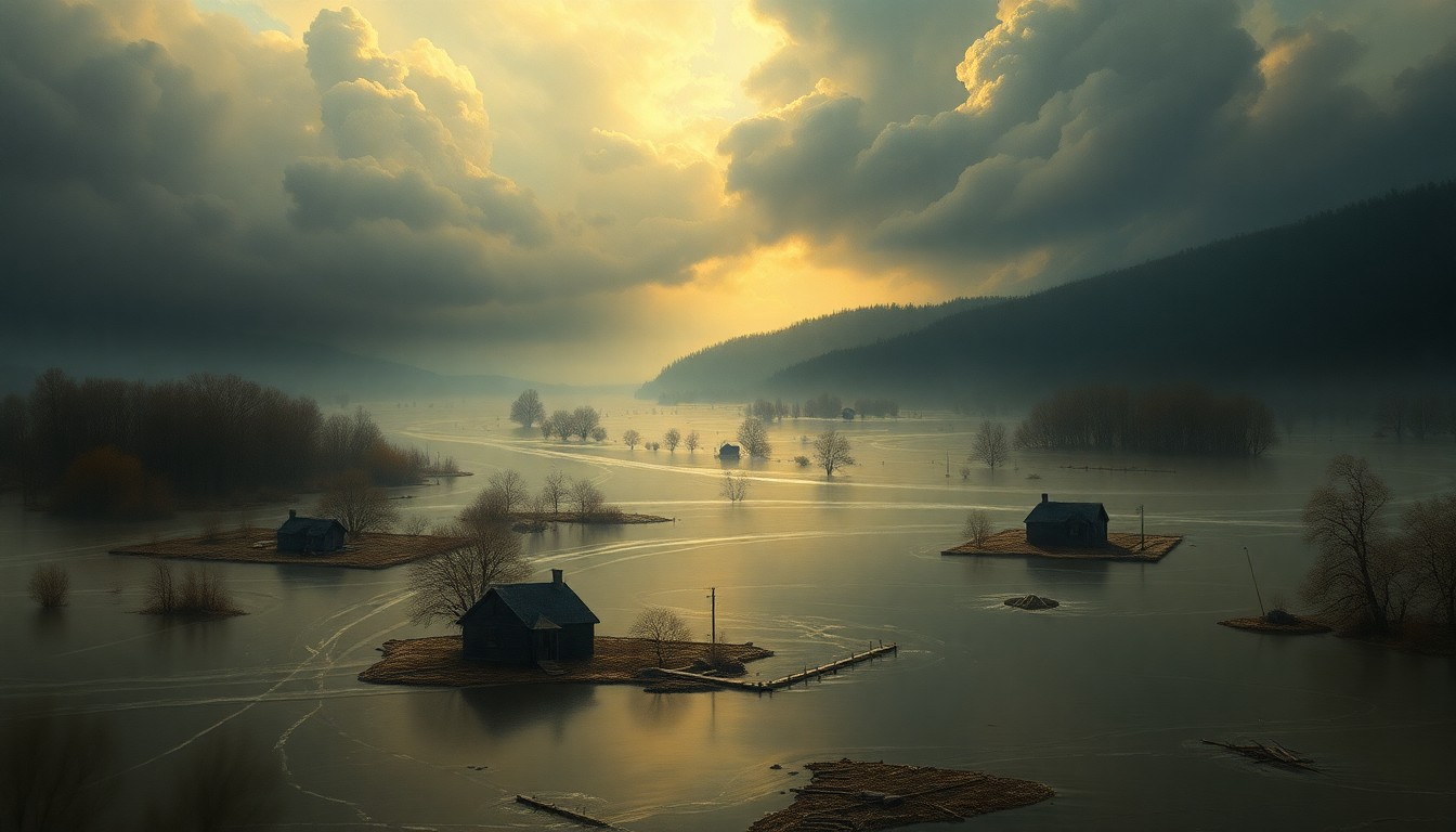 A vast, atmospheric landscape painting in muted tones of grey, blue, and green, depicting a flooded Midwestern scene with swollen rivers and partially submerged structures dwarfed by the dramatic, sweeping clouds and dramatic lighting, conveying the sublime power of the natural world.