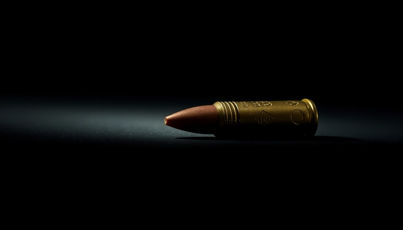 An extreme close-up photograph of a single spent bullet casing on a dark surface, lit by a harsh, direct camera flash, conveying the gritty, investigative nature of this crime story.