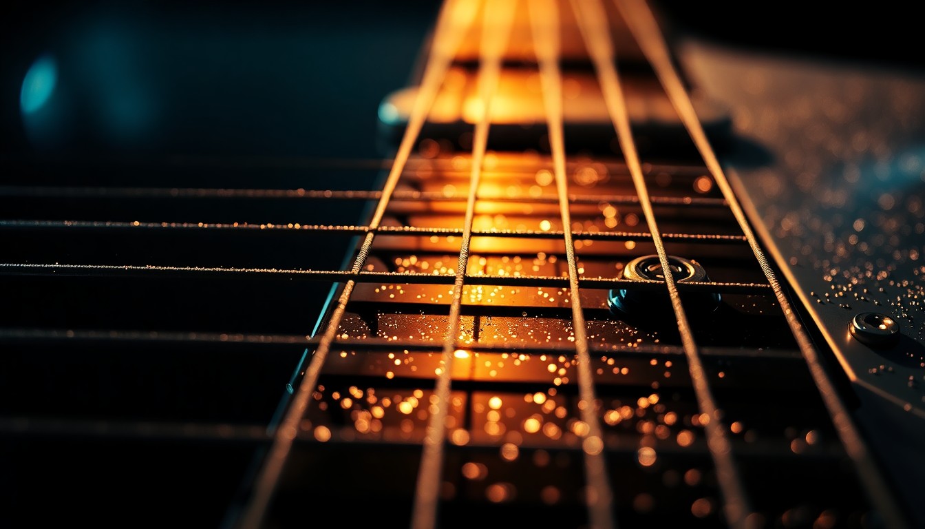 An extreme, abstract close-up photograph of shimmering, glittering guitar strings in high-contrast studio lighting, capturing the luxurious textures and glamour of blues and soul music performance.