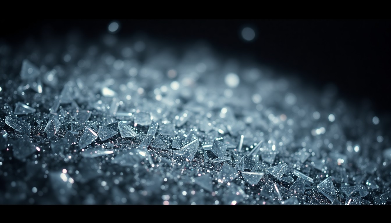 An extreme close-up of shattered glass or glittering sequins in dramatic, high-contrast studio lighting, conceptually representing the evolving, high-stakes makeup aesthetic of the HBO series 'Euphoria'.