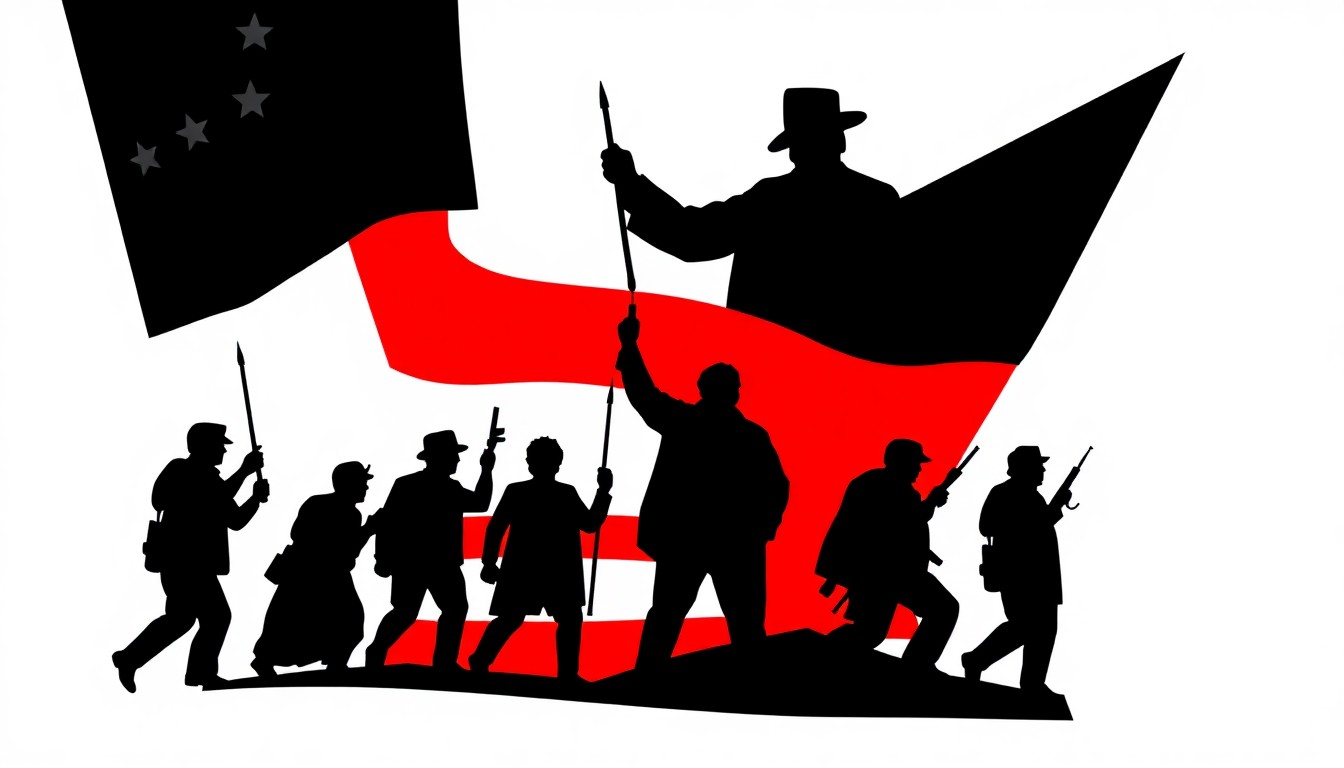 An abstract, minimalist illustration featuring stark black silhouettes and bold geometric shapes in high-contrast red and white, conceptually representing the American Revolution and its political principles.
