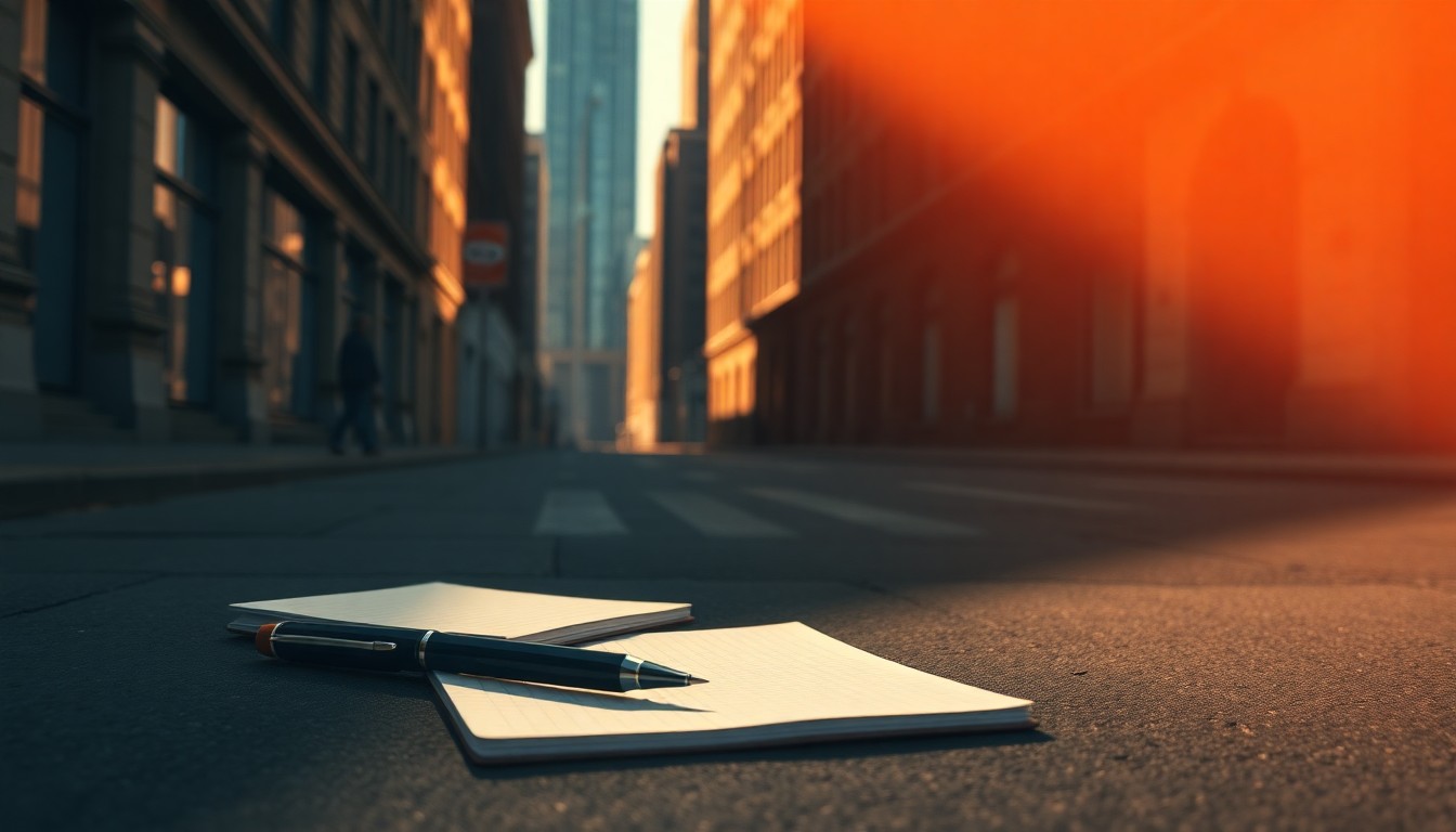 A close-up view of a journalist's notebook and pen lying alone on an empty city street, the scene bathed in warm, dramatic lighting that casts deep shadows, conveying a sense of isolation and the challenges journalists face in reporting on sensitive political issues.