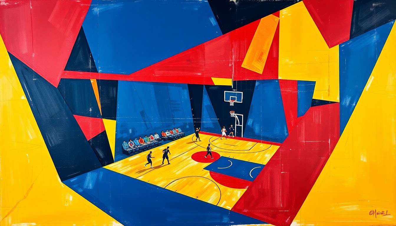 A cubist, geometric painting depicting the dynamic movements and energy of a basketball game, with sharp, overlapping planes of color representing the players and action on the court.
