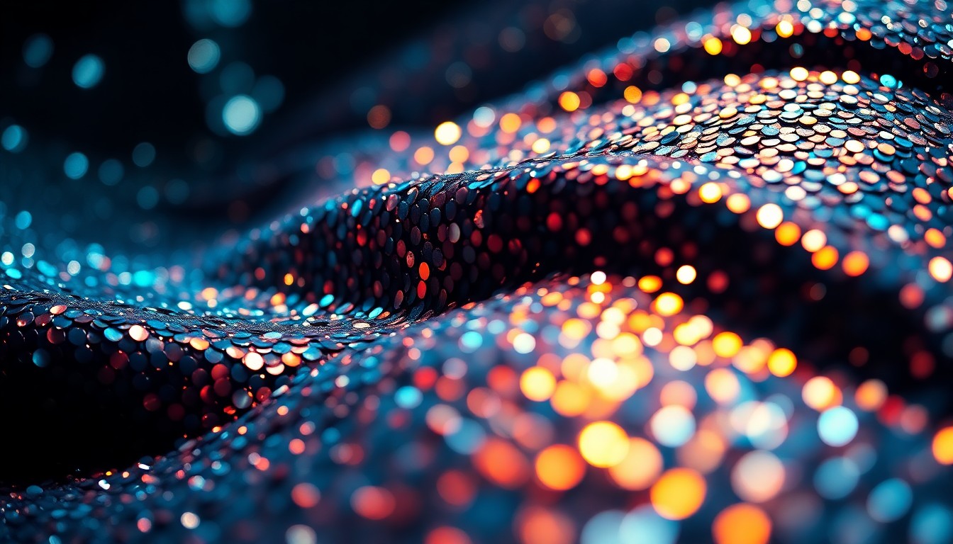 An extreme close-up photograph of shimmering, glittering sequins and metallic textures, capturing the glamour and energy of a live music performance.