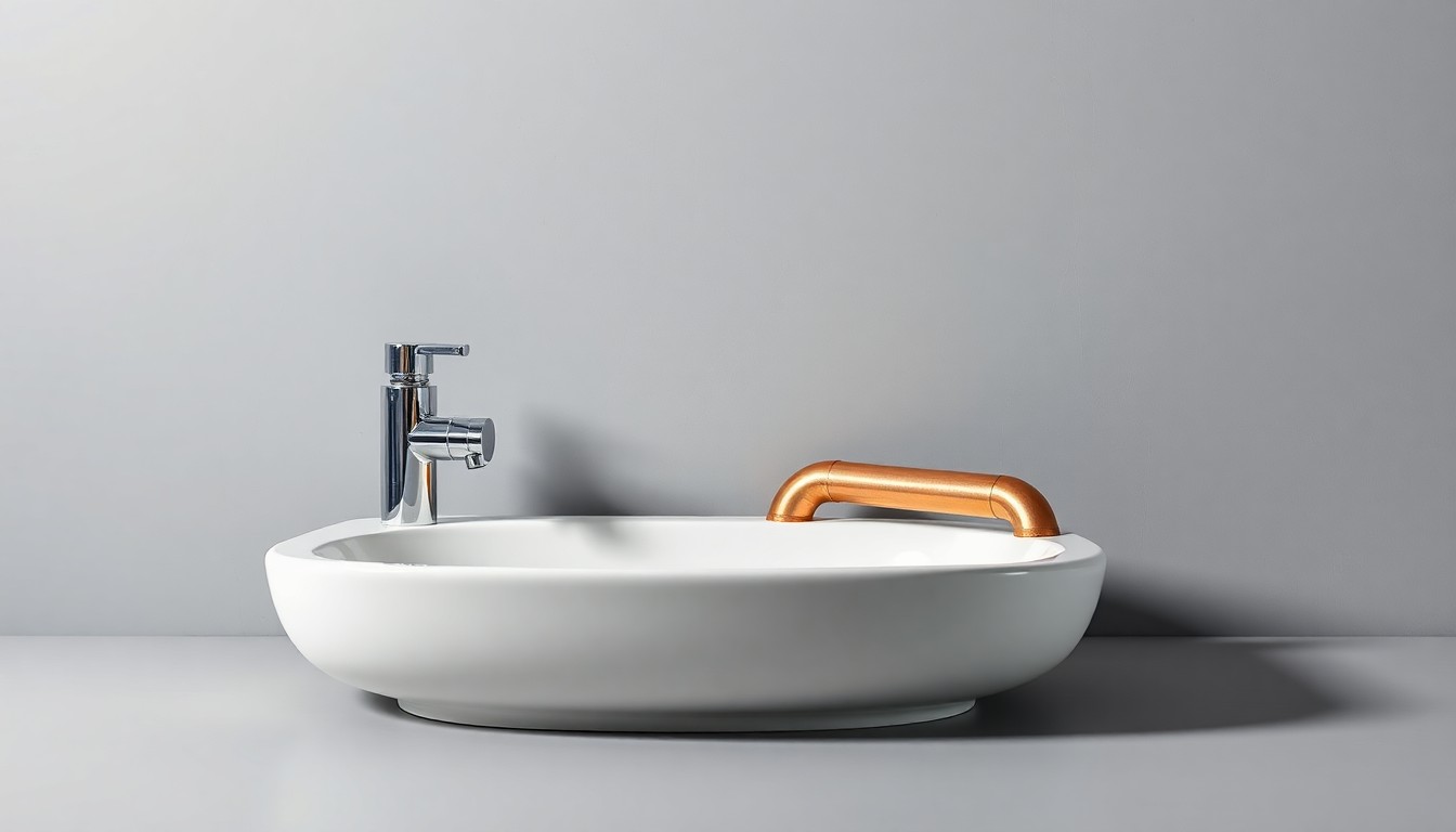 A high-end, photorealistic studio still life featuring a polished chrome faucet, copper pipe elbow, and white ceramic sink basin arranged on a clean grey background, conceptually representing the premium quality of Sea Glass Plumbing's coastal plumbing services.
