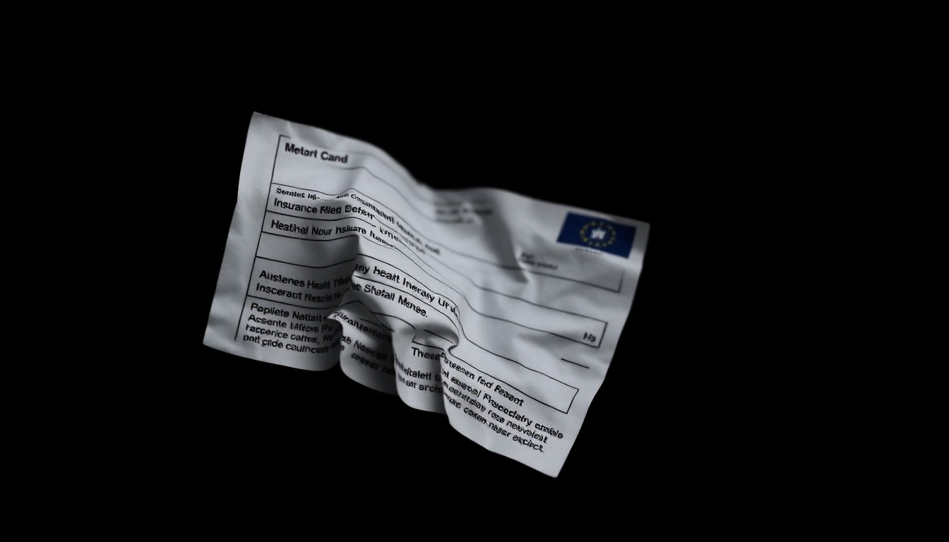 An extreme close-up of a crumpled, discarded health insurance card reflecting a harsh, direct flash of light, conceptually representing the serious impact of identity theft in medical settings.
