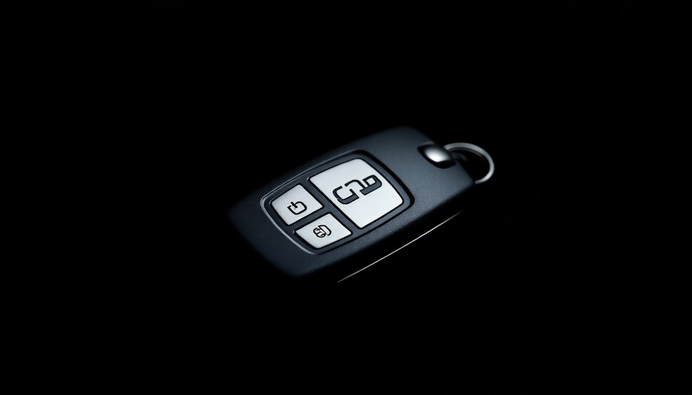 An extreme close-up photograph of a luxury car key fob, capturing the detailed texture and materials in stark, dramatic lighting to conceptually illustrate the investigative nature of the luxury car theft case.
