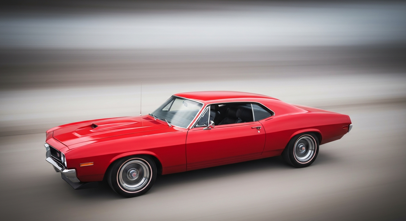 An abstract, sweeping image of a classic red muscle car, its body blurred into vibrant streaks of color, conveying the energy and speed of the collector car event.