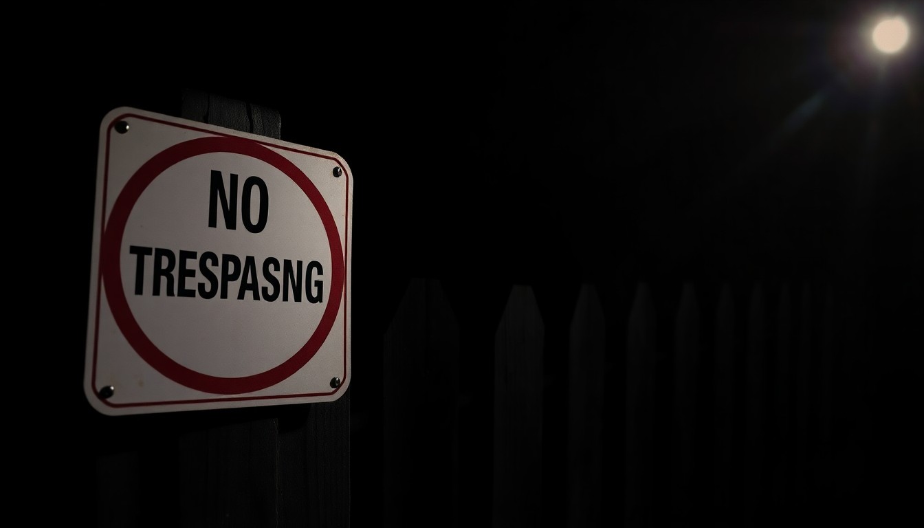 An extreme close-up photograph of a 'No Trespassing' sign on a wooden fence, capturing the harsh, gritty texture and dramatic lighting to conceptually represent the legal dispute over a city's ban on short-term rentals.