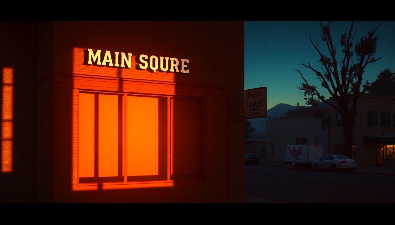 A serene, painterly depiction of a two-story brick building with large windows, its facade illuminated by warm, angled sunlight casting deep shadows, conveying a sense of quiet contemplation about the changing landscape of a small town.