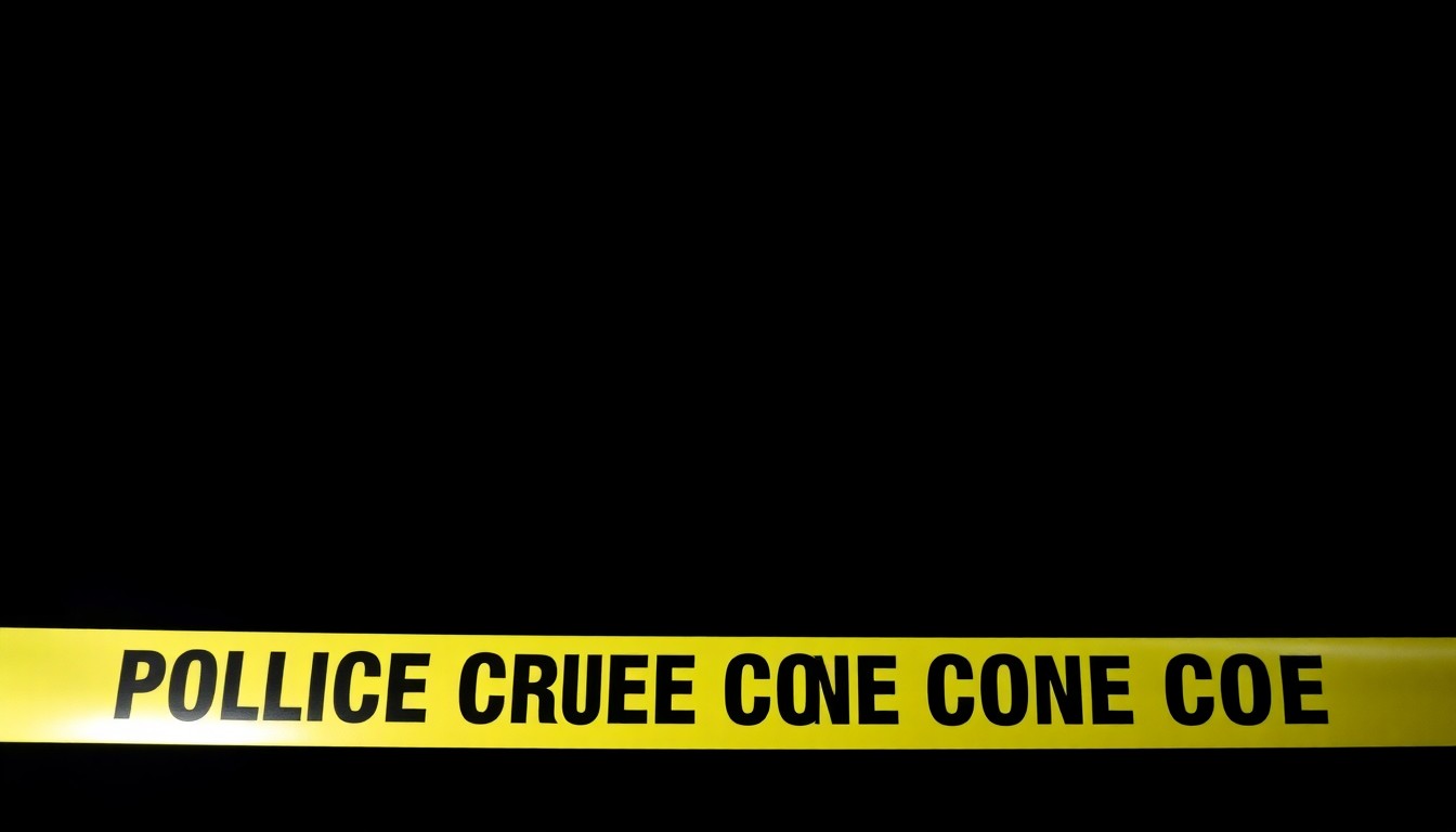 An extreme close-up of yellow and black police crime scene tape, the harsh flash creating dramatic shadows and textures to convey a sense of urgency and investigation.