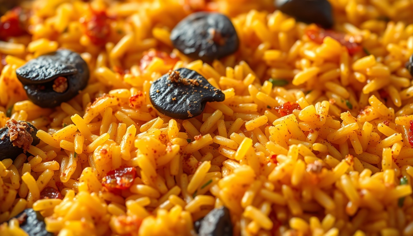 An extreme close-up photograph showcasing the rich, textured details of a serving of paella, including the golden-brown soccarat crust, vibrant saffron-infused rice grains, and creamy garlic aioli, conceptually representing the indulgent and crowd-pleasing nature of this popular Coachella dish.