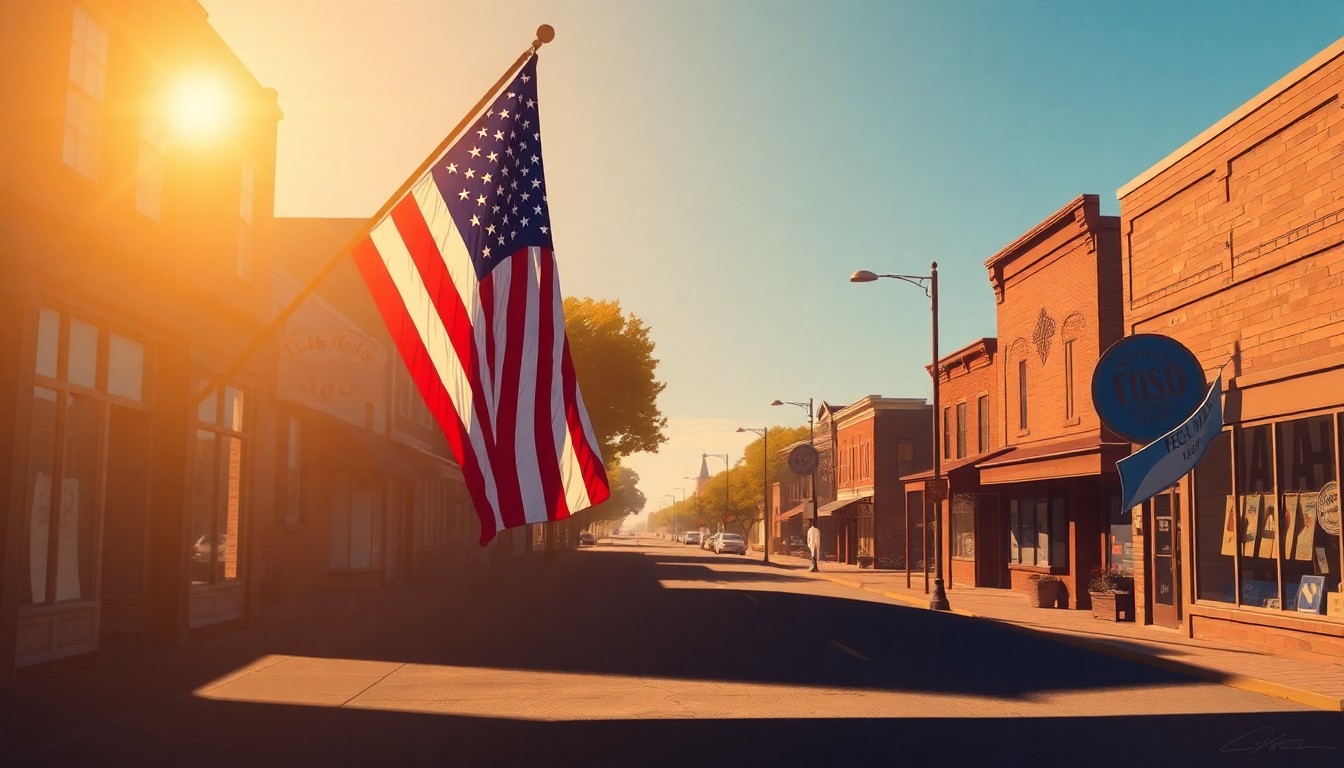 A serene, nostalgic painting of an American flag waving in the warm sunlight of a small-town main street, capturing the quiet dignity and community spirit that surrounds Alabama's military members and veterans.