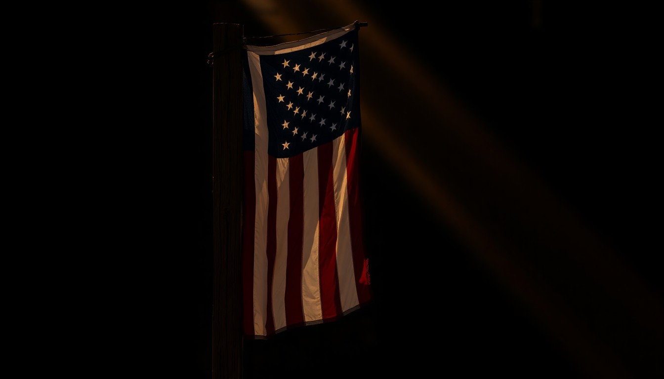 A close-up of an American flag hanging on a wooden post, the fabric worn and faded, the light casting deep shadows that convey a sense of quiet political melancholy.