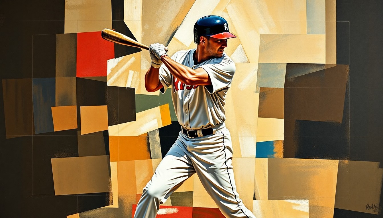 A fragmented, geometric painting depicting the deconstructed movements of a baseball player's batting stance and swing, conceptually representing the challenges of a player struggling at the plate.