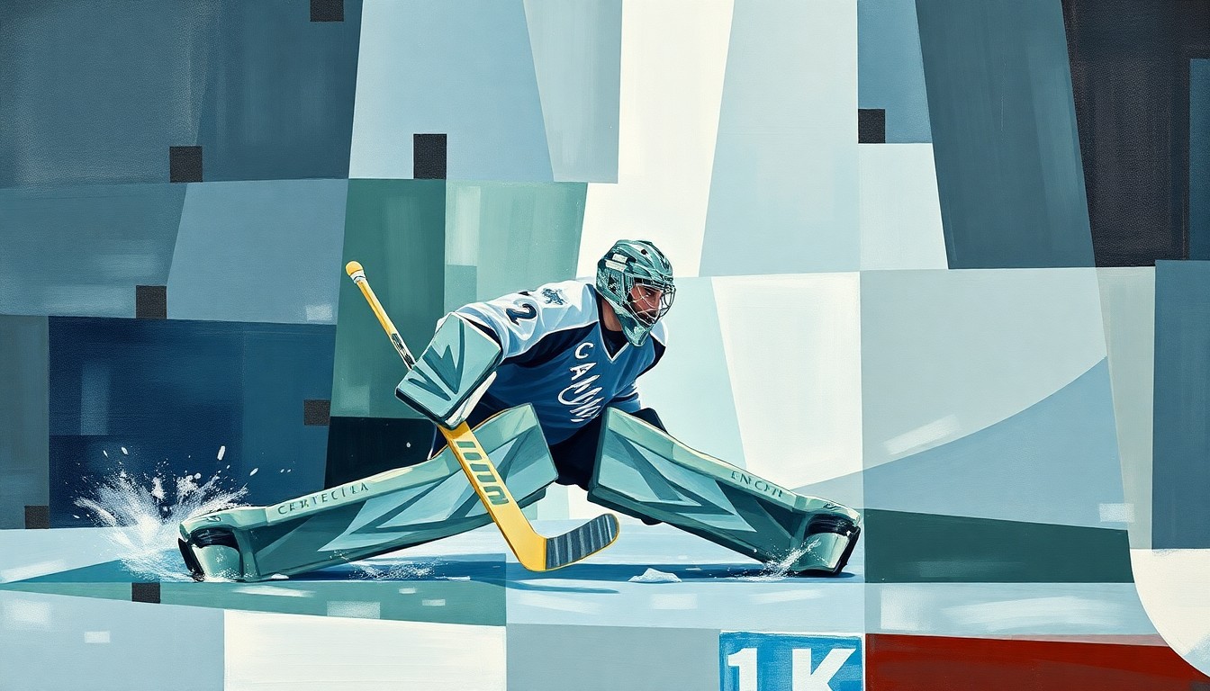 A cubist, geometric painting depicting a hockey goaltender making a save, with the player's body and equipment broken down into sharp, overlapping planes of muted blue, green, and grey tones.