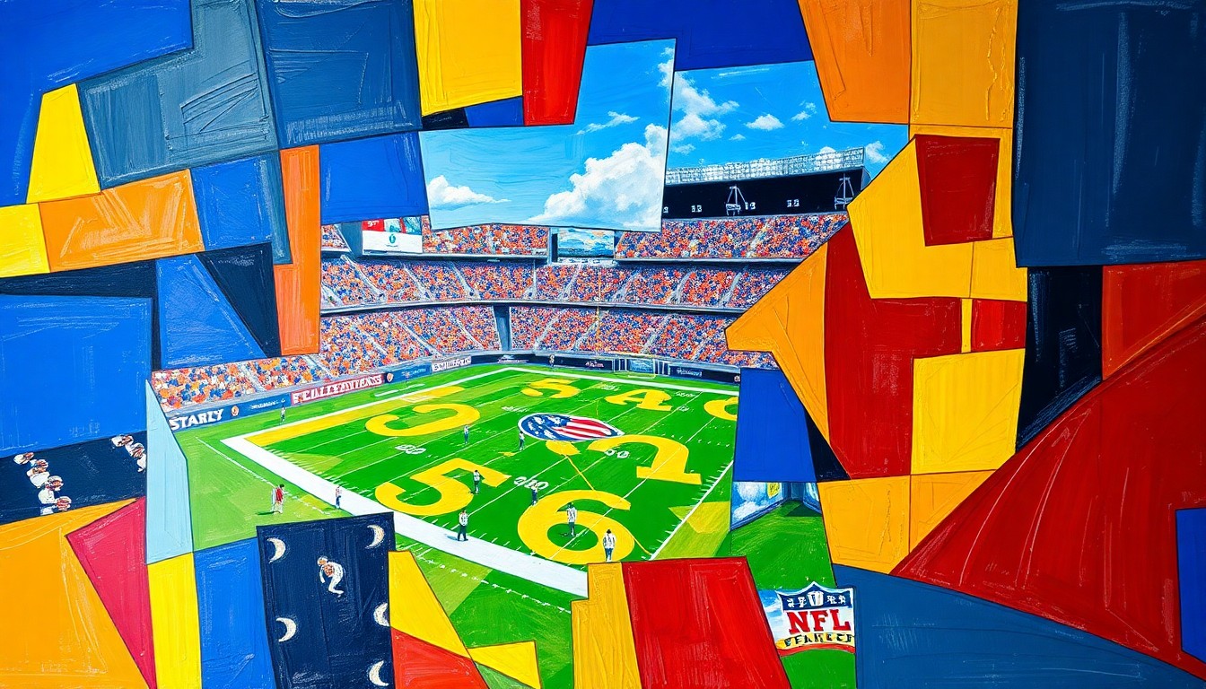 A cubist, geometric painting depicting fragmented football players and draft prospects, conveying the complex decisions facing the Rams' front office.