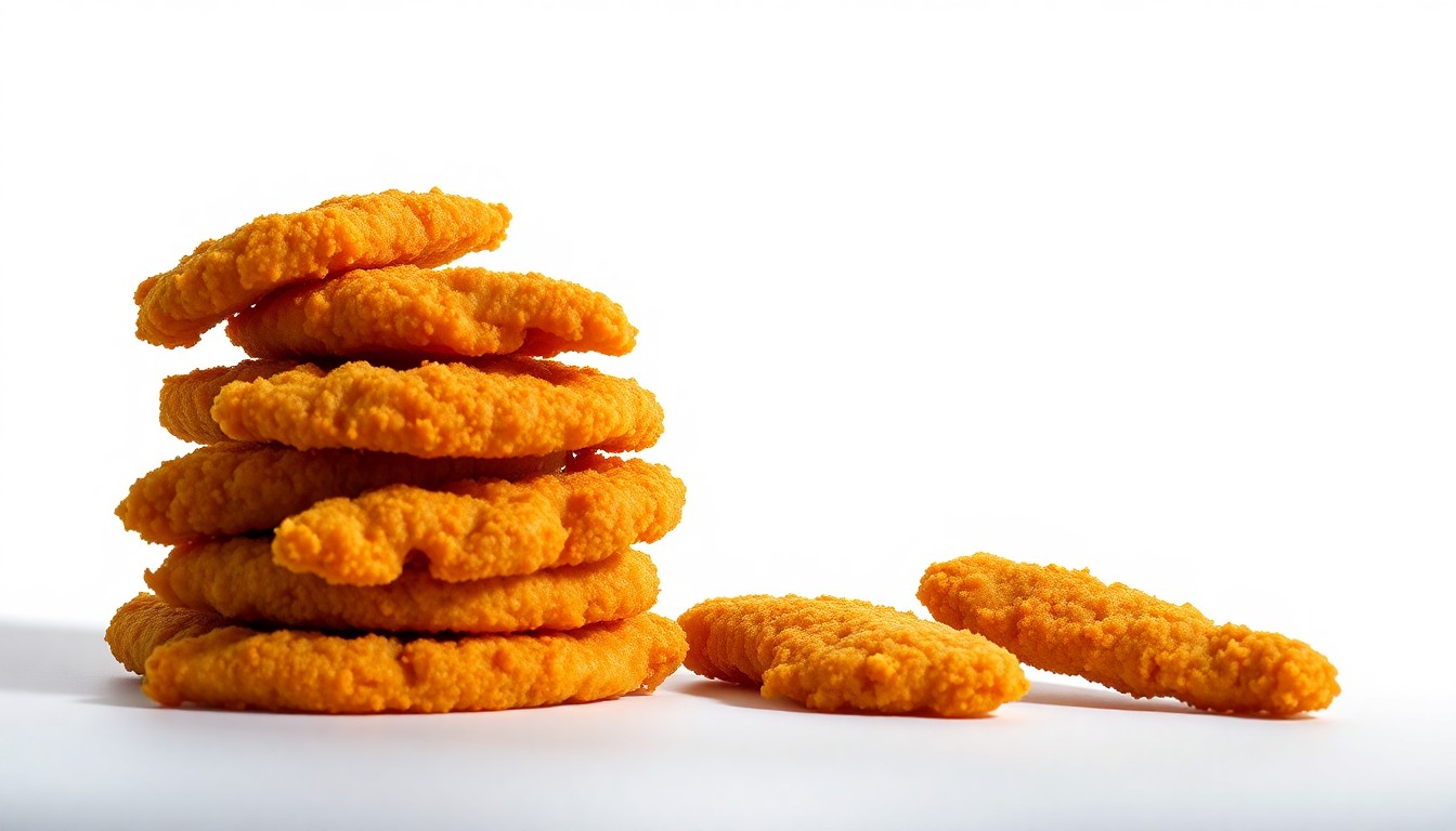A close-up photograph of a stack of golden-fried chicken tenders arranged in a minimalist, high-contrast studio setting, conceptually representing the quality and crispness of the new Raising Cane's restaurant opening in Greensboro.