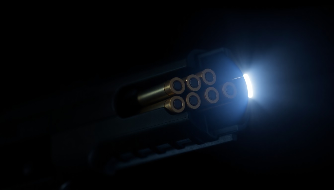 An extreme close-up of a handgun magazine loaded with ammunition, lit by a harsh, direct camera flash against a pitch-black background, creating a stark, gritty, investigative aesthetic.