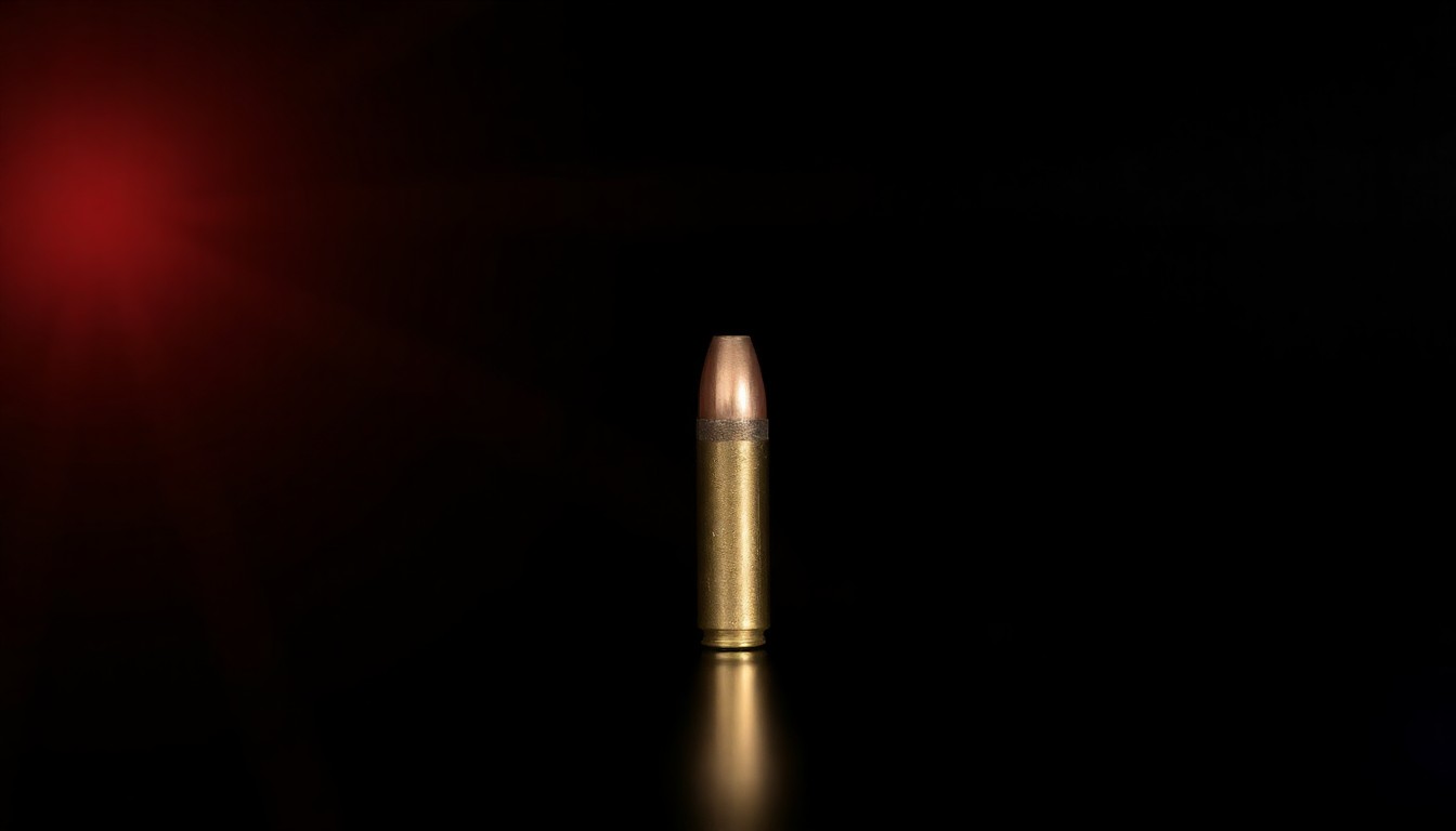 An extreme close-up photograph of a single bullet casing on a dark background, lit by a harsh, direct camera flash, conceptually illustrating evidence from a gun crime case.