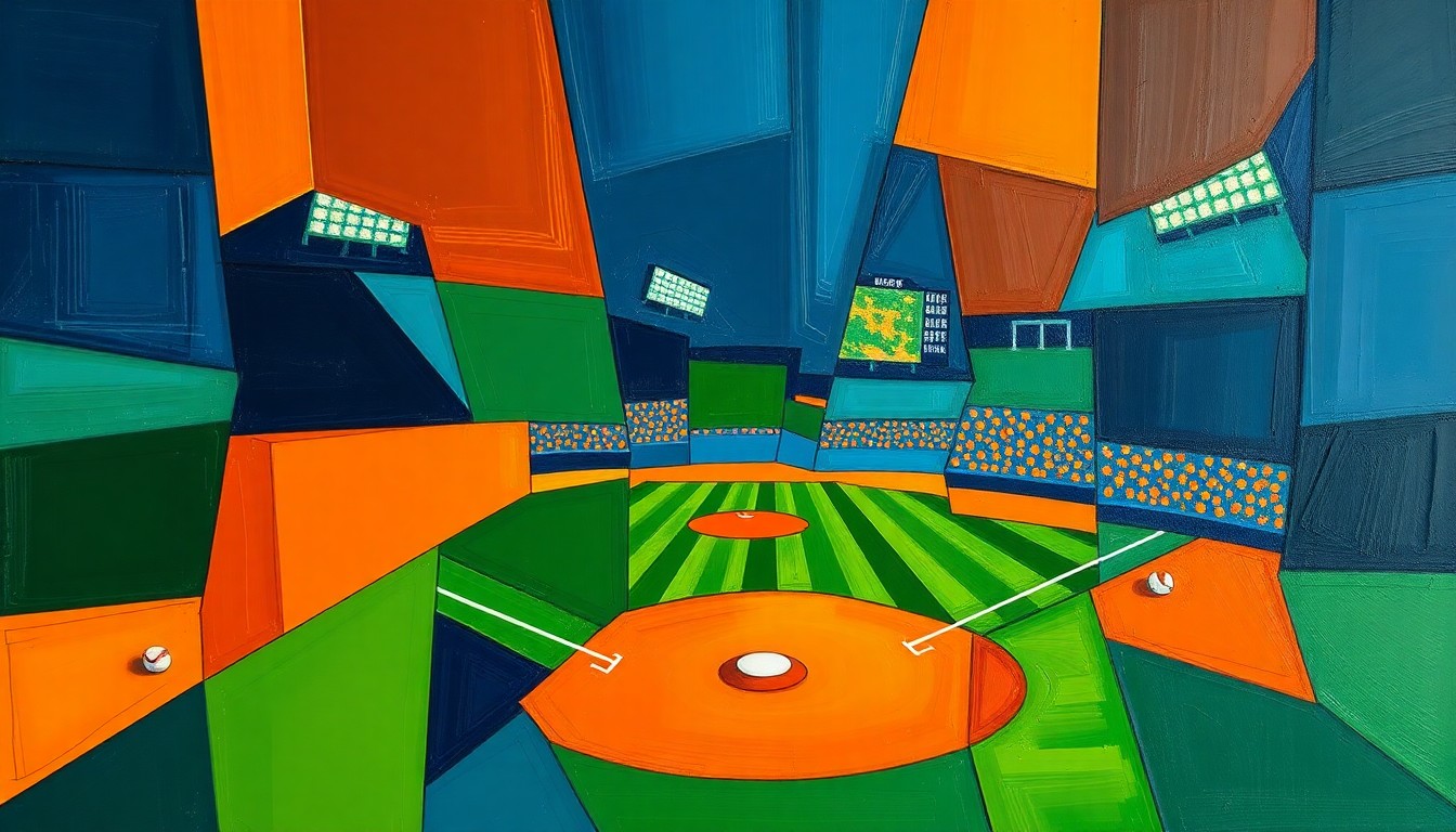 A fragmented, geometric painting in shades of blue, green, and orange, depicting the dynamic motion and energy of a baseball game or match, representing the multifaceted career and impact of Phil Garner.