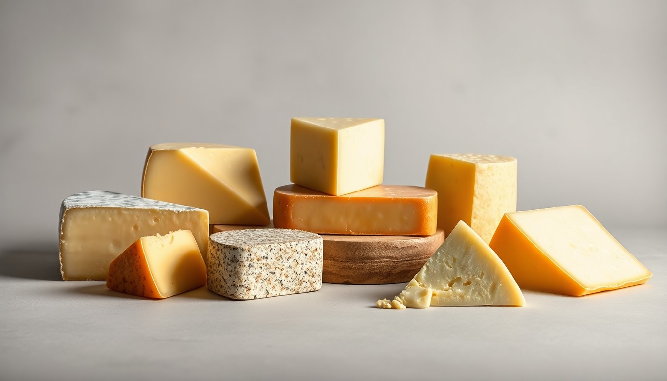 A high-end, photorealistic studio still-life photograph featuring a selection of premium, polished cheese wedges and wheels arranged elegantly on a clean, monochromatic seamless background, conceptually representing the bittersweet closure of a beloved local business.