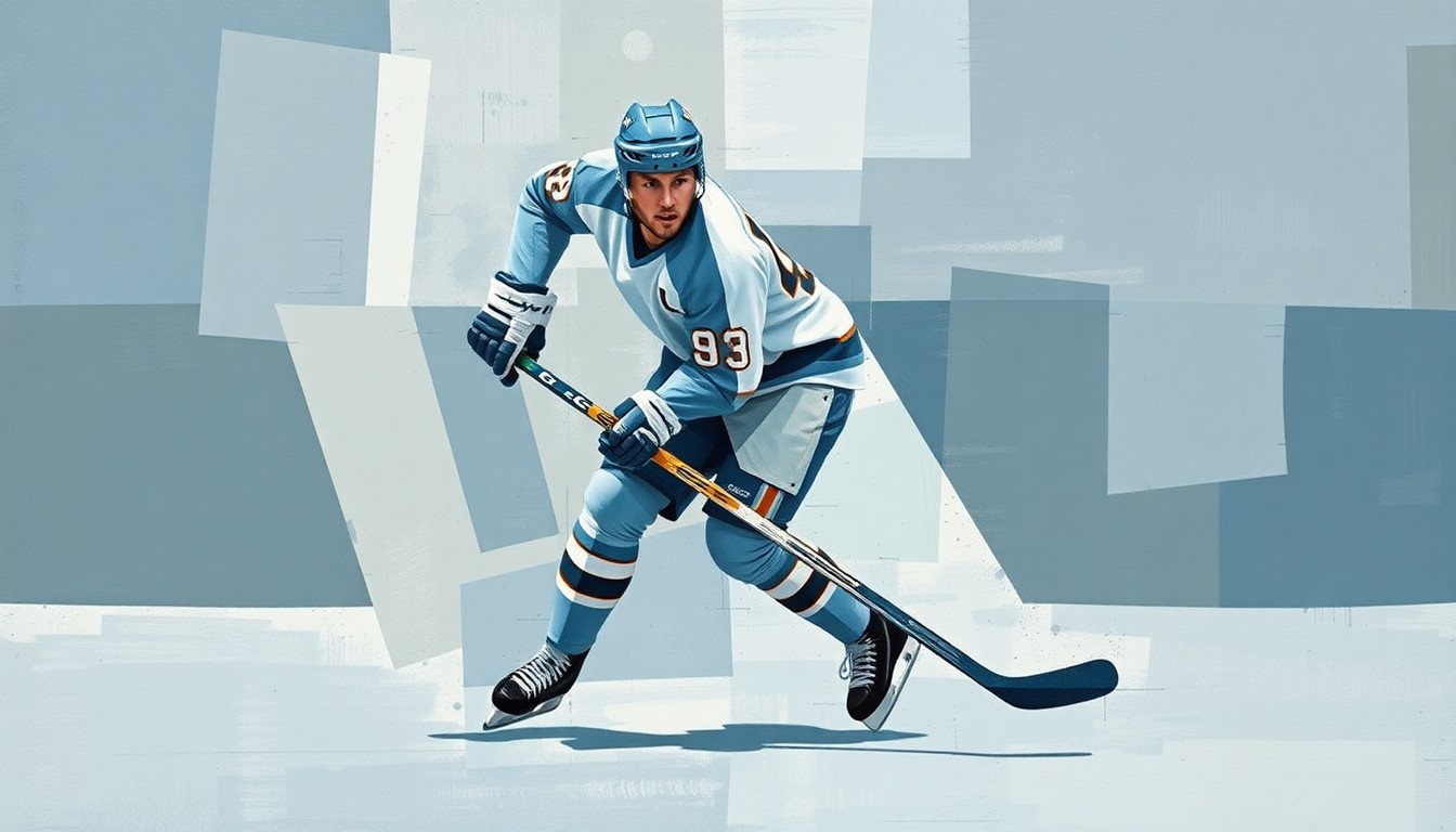 A cubist, geometric painting depicting a hockey player's body broken down into overlapping angular planes in muted blue, gray, and white tones, conceptually representing the physical challenges faced by professional athletes.