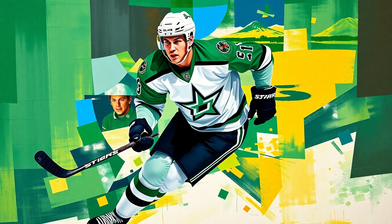 A cubist, geometric painting depicting a hockey player in motion, with sharp, overlapping planes of green, black, and white representing the Dallas Stars' uniform colors.