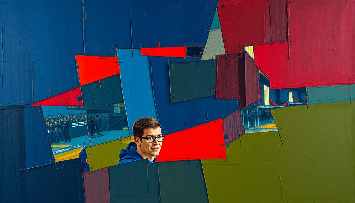 A cubist, geometric painting depicting fragmented, overlapping images of CrossFit athletes in motion, conceptually representing the accessibility and inclusivity of the new XENOM competition series.