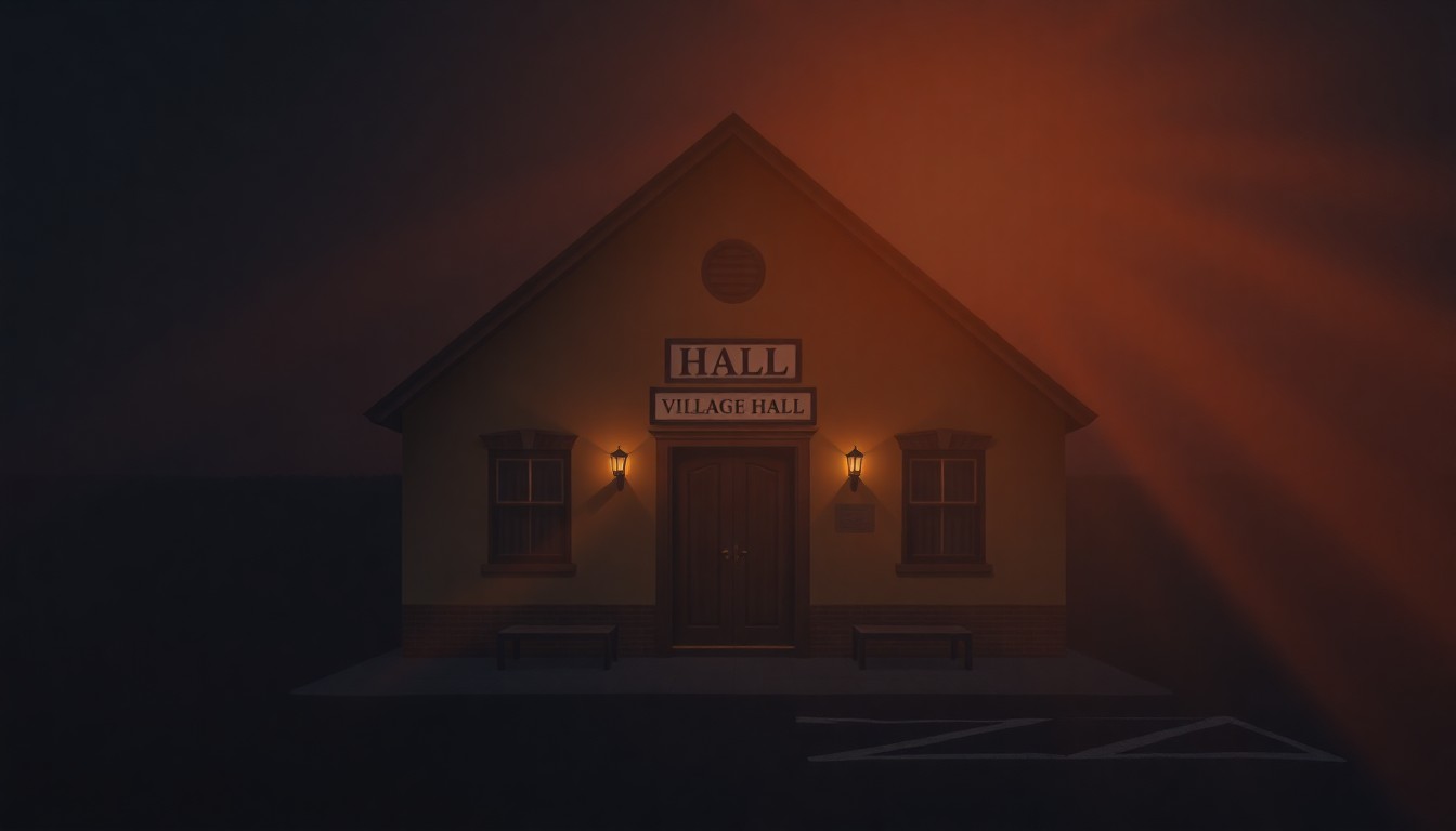 A warm, cinematic painting of a village hall building with a focus on the entrance sign, bathed in diagonal sunlight and deep shadows, conveying a sense of civic pride and community investment.