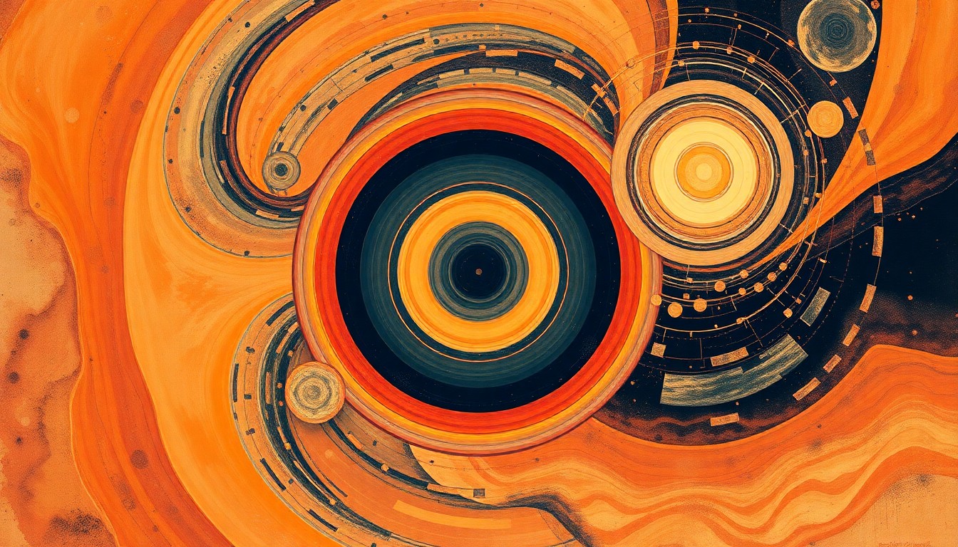 A bold, abstract painting in soft earth tones of orange, red, and blue, featuring sweeping geometric arcs, concentric circles, and precise spirals, conceptually representing the complex forces of a solar storm impacting the Earth's magnetic field.
