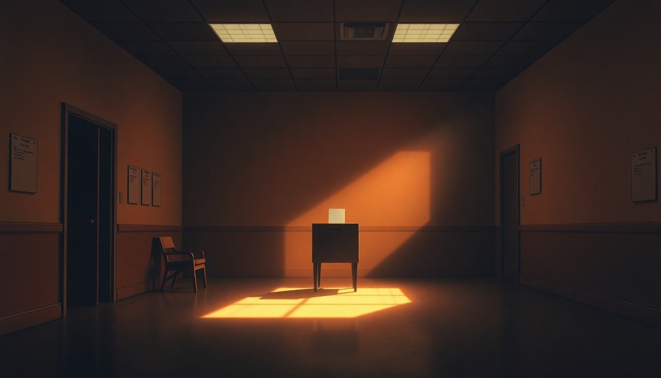 A dimly lit government office with a solitary ballot box in the center, bathed in warm, diagonal sunlight and deep shadows, conveying a sense of quiet contemplation and the weight of political decisions.