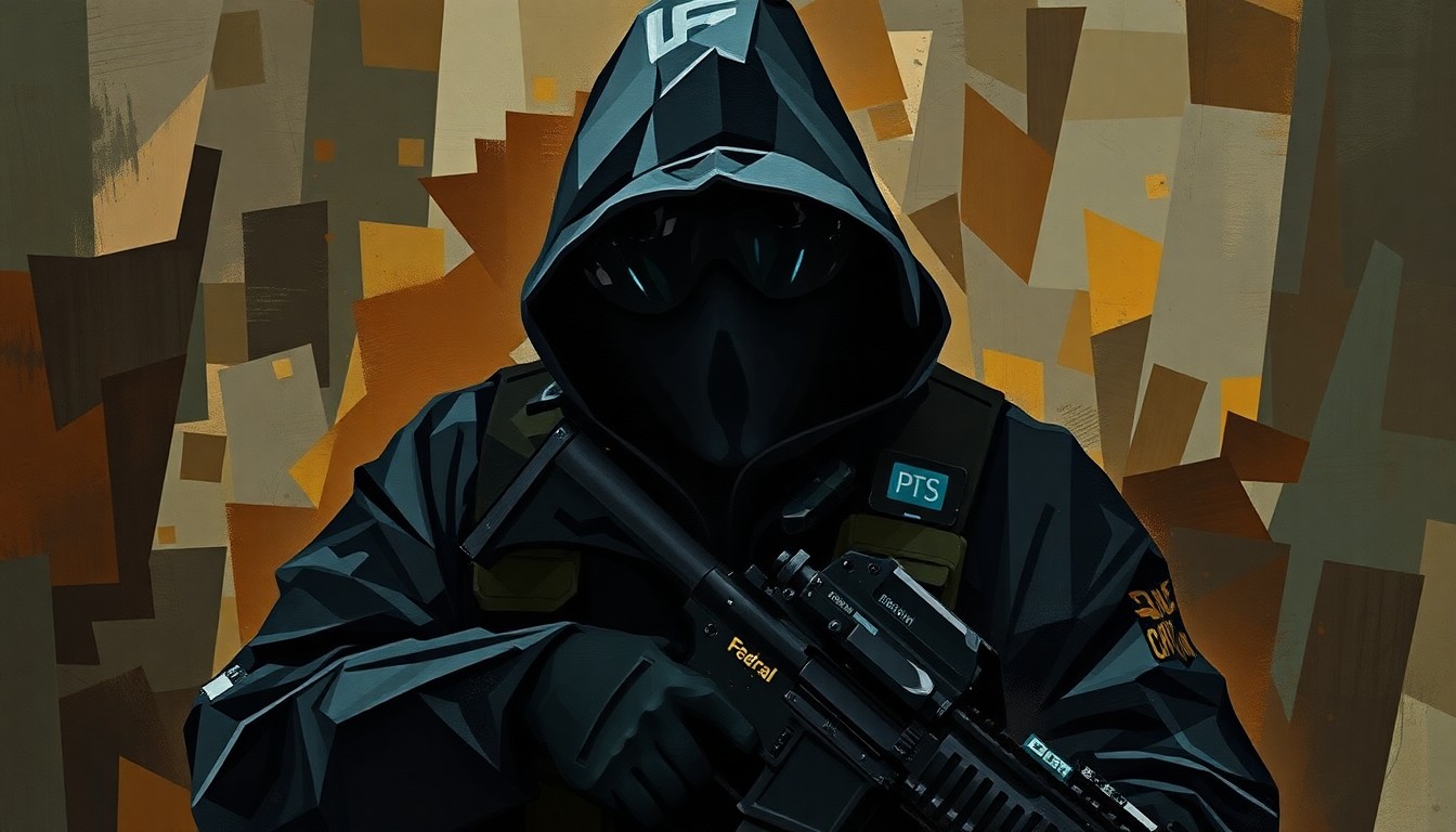 A dynamic, fragmented painting depicting the blurred movements of a federal agent in tactical gear, conveying a sense of chaos and confrontation.